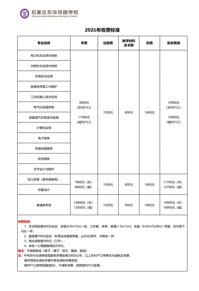 石家莊東華鐵路學(xué)校2026年秋季招生學(xué)費(fèi)多少錢？有資助政策嗎？